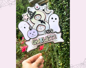 Halloween Birthday Cake Topper, Pink Spooky Cake Topper, Personalized Ghost and Pumpkin Party Decor