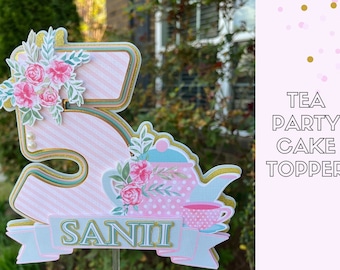 Tea Party Cake Topper, Floral Teapot Birthday Decoration, Pink Gold Girls Party Topper