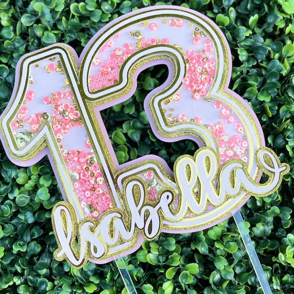 13th Birthday Cake Topper, Personalized Pink and Gold Shaker Topper, Custom Teen Birthday Decoration