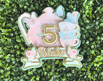 Watercolor Tea Party Cake Topper, Glitter Cardstock Decoration