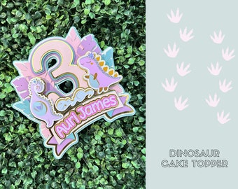 Personalized Girl Dinosaur Birthday Cake Topper, 3D Dino Party Decor