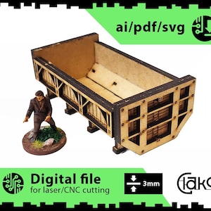 Könnte beinhalten: Ein lasergeschnittenes Holzmodell eines Eisenbahnwagens, mit einer Miniaturfigur. Das Modell ist hellbraun mit dunkelbraunen Akzenten und trägt den Text "Digital file for laser/CNC cutting" und "ai/pdf/svg". Das Modell ist 3 mm dick.