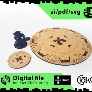 May include: A digital file for laser or CNC cutting of a circular wooden base with a geometric design. The base is 3 mm thick and has a brown color. The file is available in AI, PDF, and SVG formats.