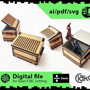 Può includere: Quattro modelli di cassonetti della spazzatura in miniatura in legno con coperchi. I cassonetti della spazzatura sono spessi 3 mm e sono disponibili come file digitali per il taglio laser o CNC.