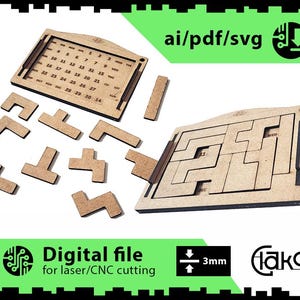 May include: A wooden calendar puzzle with a grid of squares and a separate set of pieces that fit into the grid. The calendar puzzle is designed for laser cutting and has a 3mm thickness.