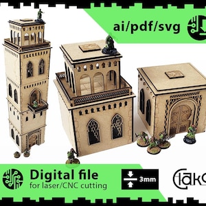 Puede incluir: Tres edificios de madera modelo cortados con láser con detalles intrincados, incluyendo arcos, ventanas y puertas. Los edificios están diseñados para su uso en juegos de mesa o como piezas decorativas. La imagen incluye el texto "ai/pdf/svg" y "3mm".