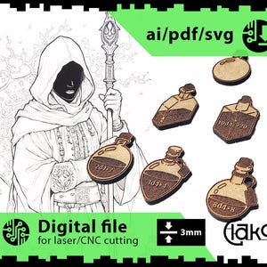 Atmosfäriska trolldryckstollar för D&D 5 st tomma och graverade laserskurna MDF-filer