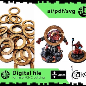 May include: A set of 3 mm thick wooden tokens with a brown finish and engraved text. The tokens feature a bull head design with the words "DEMOSIO" and "PONSO" around the edge. The tokens are designed for use in tabletop games.