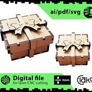 Puede incluir: Dos cajas de regalo de madera marrón con un lazo en la parte superior. Las cajas tienen un grosor de 3 mm y están diseñadas para corte láser o CNC. La imagen incluye el texto "Archivo digital para corte láser/CNC" y "ai/pdf/svg".