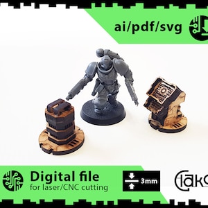 Könnte beinhalten: Eine digitale Datei zum Laserschneiden oder CNC-Fräsen eines Miniaturmodells eines futuristischen Gebäudes mit einer grauen Space-Marine-Miniatur daneben. Die Datei ist in den Formaten AI, PDF und SVG verfügbar. Der Text "Digitale Datei zum Laserschneiden/CNC-Fräsen" und "ai/pdf/svg" ist im Bild sichtbar.