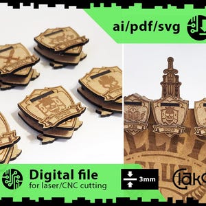 May include: Laser-cut wooden shield-shaped tokens with various designs, including a skull, sword, and book. The tokens are engraved with the words "BOSS", "YOUTVAL", and "LAKE". The image also includes the text "Digital file for laser/CNC cutting".