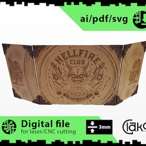 Könnte beinhalten: Ein dreiteiliges Holzspielbrett mit einem Hellfire Club-Logo, das einen Cartoon-Teufel mit Hörnern und einer Krone zeigt. Das Logo ist von einem Kreis mit dem Text "Hellfire Club" und "Roll for your life" umgeben. Das Brett ist für den Laser- oder CNC-Schnitt konzipiert.