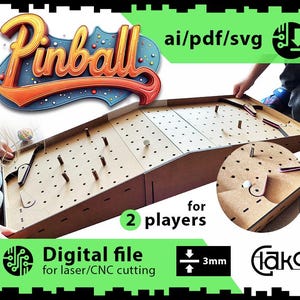 Op de afbeelding: Een digitaal bestand voor een twee-persoons flipperkast gemaakt van hout. Het bestand is voor laser- of CNC-snijden en is 3 mm dik. Het bestand is beschikbaar in de formaten AI, PDF en SVG.