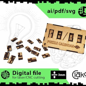 May include: A wooden puzzle calendar with a series of small rectangular pieces and a larger rectangular piece with window cutouts. The text "PUZZLE CALENDAR" is visible. The image also includes the text "Digital file for laser/CNC cutting".