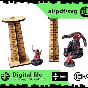 Puede incluir: Dos reglas de madera con una escala de 0 a 70, una figura en miniatura roja y negra de un demonio y una figura en miniatura roja de una persona con una espada. Las reglas tienen un grosor de 3 mm y son para corte láser o CNC.
