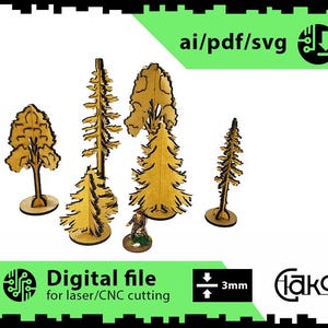 May include: A digital file for laser or CNC cutting of five different tree designs. The trees are made of wood and are 3 mm thick. The file formats are AI, PDF, and SVG.