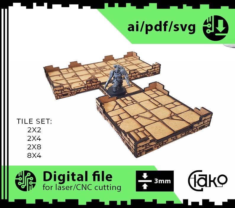 DnD, roleplay, frostgrave dungeon tile set - Laser Cut File MDF 3mm