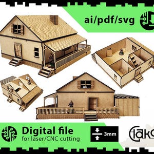 Peut inclure: Fichier numérique pour la découpe au laser ou à la CNC de quatre modèles de maisons différents. Les modèles sont en bois et ont une épaisseur de 3 mm. Les formats de fichier sont AI, PDF et SVG.