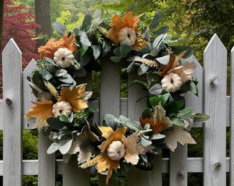 Lamb's Ear Fall Eucalyptus Wreath, Farmhouse Fall Decor with White Pumpkins, Autumn Front Porch Decor with leaves, Housewarming Gift