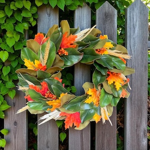 Realistic Fall Magnolia Wreath for Front Door, Artificial Magnolia Wreath, Magnolia Wreath with Fall Foliage, Housewarming Gift