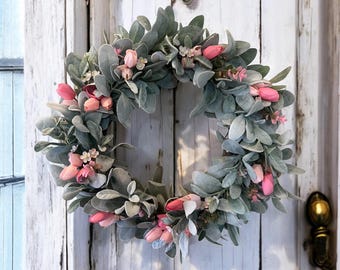 Lamb's Ear Wreath with Pink Flowers, Spring Decor for Front Door, Tulip Lamb’s Ear Wreath, Front Porch Decor, Bedroom Decor for Pink Accents