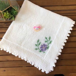 Handmade White & Purple Floral Baby Blanket Gift, Baby Gift, Cross Stitch, Baby Boy, Baby Girl, Shower, Flowers
