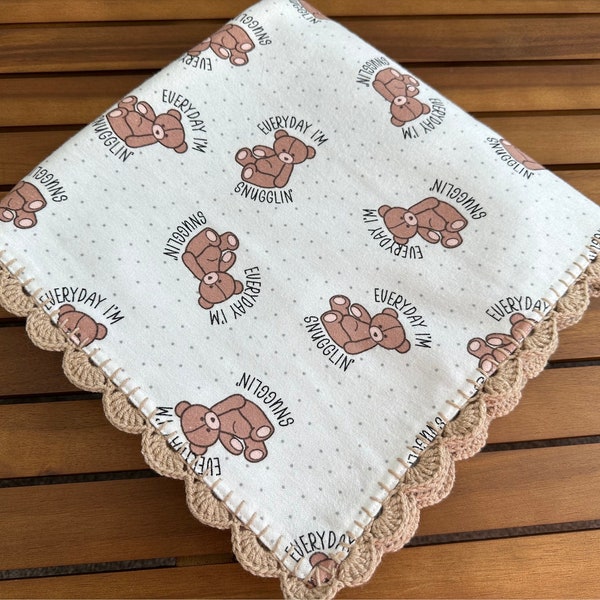 Flannel Receiving Baby blanket with Crochet Edge, Double- sided, 41x41 inches.