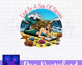 Mermaid Reading Book PNG: Beach Story Sublimation Design (Digital Download