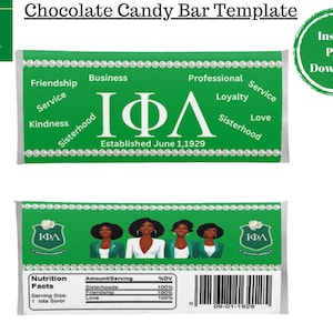 May include: A green and white chocolate bar wrapper featuring the Greek letters "ΙΦΛ" and the text "Established June 1, 1929". The wrapper also includes a nutrition facts label with the text "Sisterhood, Friendship, Love" and a barcode.