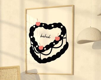 Heart Cake Print, Black and White Kitchen Art (Digital Download)