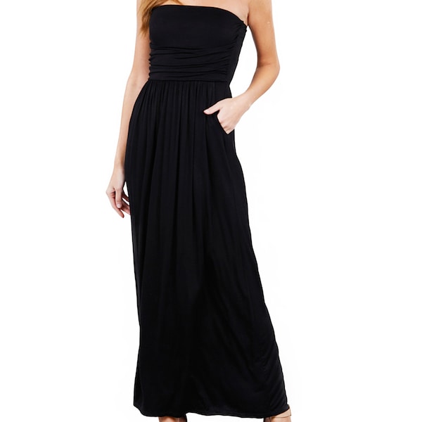Women Popular Strapless Tube Long Maxi Dress with Pocket