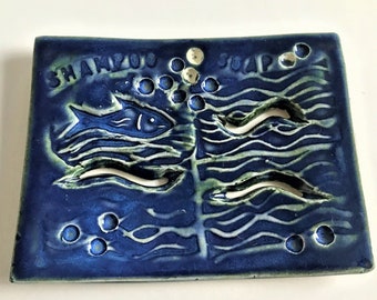 Vintage Artist Handcrafted Ceramic Blue Tone Shampoo and Soap Dish, Antique Blue Ceramic Home Decor, Vintage Soap Dish, Soap Dish Antique