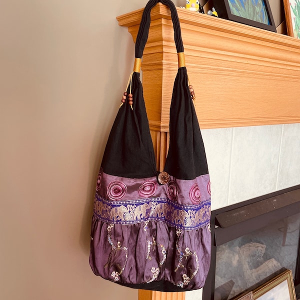 Vintage Handmade Lightweight Purple Shoulder Bag Thai Handmade Elephant Pattern Hobo Bag, Lightweight Cloth Bag