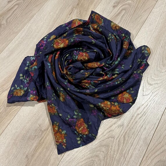 Vintage Multi-color Floral Soft Silk Scarf, Large Deep Blue  display picture 3