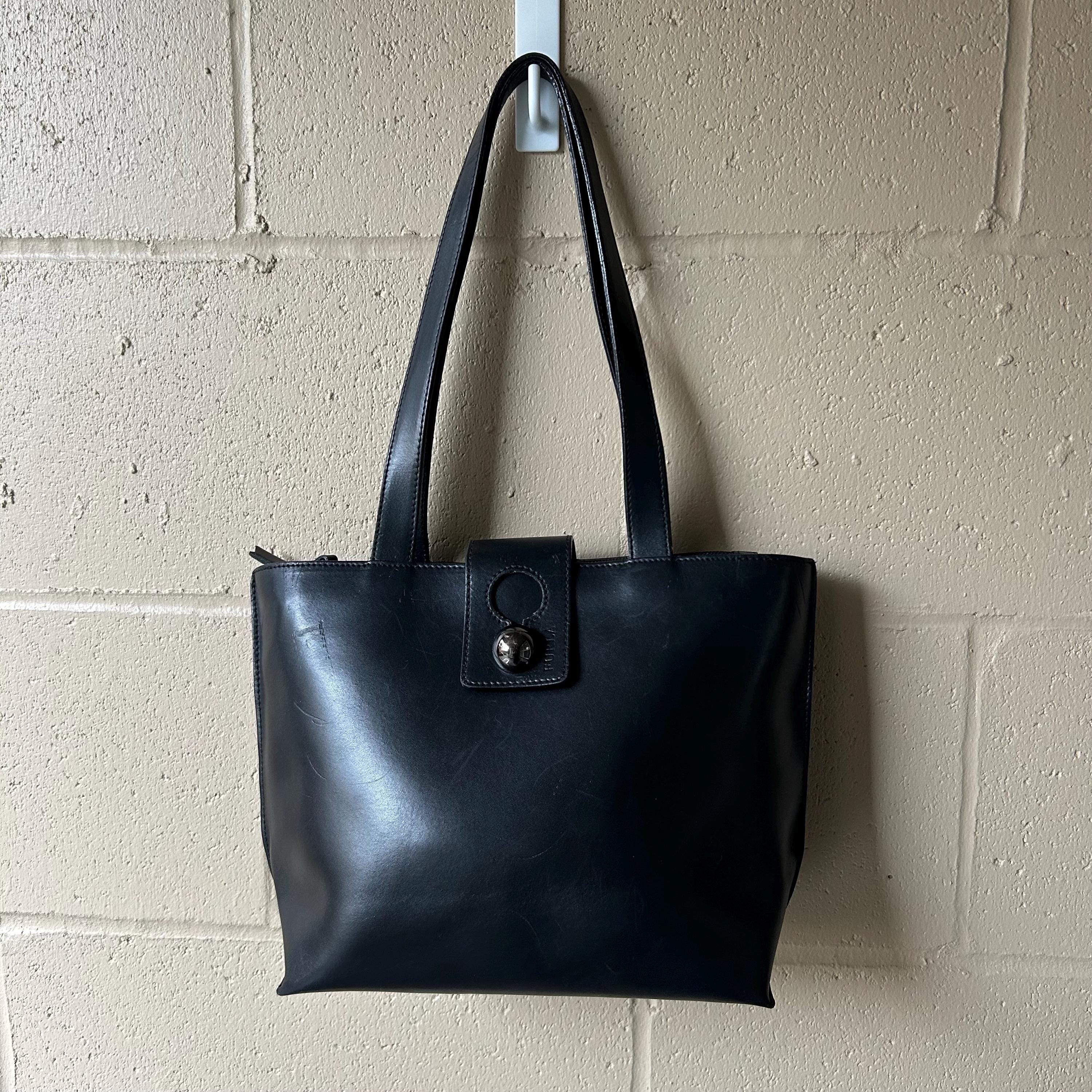 Vintage FURLA Black Genuine Leather Should Bag Satchel Purse Made 