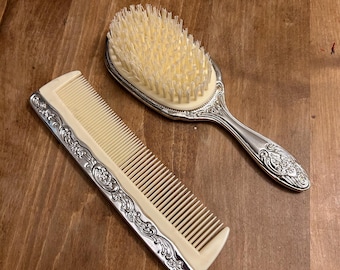 Set of 2pcs Vintage Silver Comb and Brush Set, Vanity Brush and Comb Set