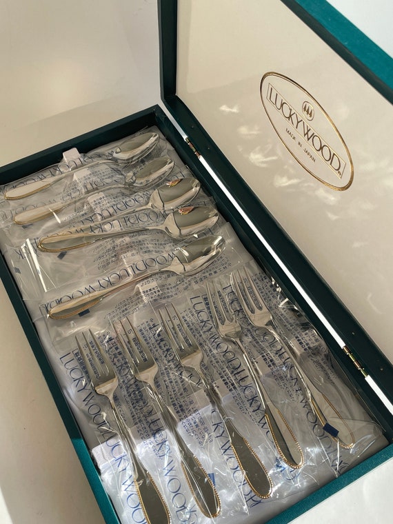 Vintage Lucky Wood Japan Stainless Steel Desert Fork and Coffee