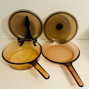 Corning Vision Amber Glass 10.5&quot; Waffler Skillet with Lid, Corning Vision Amber Glass 10&quot; Saute Pan with Lid - Retro Corningware Cookware