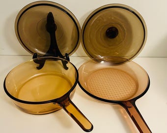 Corning Vision Amber Glass 10.5" Waffler Skillet with Lid, Corning Vision Amber Glass 10" Saute Pan with Lid - Retro Corningware Cookware