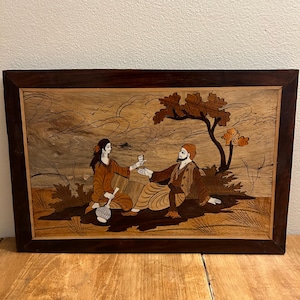 Vintage Handcrafted Wooden Inlay Art, Vintage Handmade Marquetry Art, Collectable Folk Art
