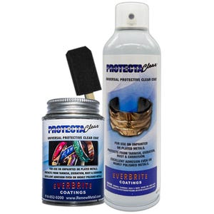 May include: A ProtectaClear universal protective clear coat aerosol spray can and a small metal tin with a black foam applicator brush. The labels feature the Everbrite Coatings brand name, product descriptions, and images of metal jewelry items.