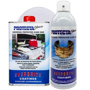 May include: A rectangular metal can and a cylindrical aerosol spray can of ProtectaClear universal protective clear coat by Everbrite Coatings. Both containers feature blue and white labels with text detailing use on unpainted or plated metals.