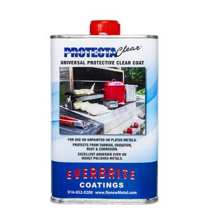 May include: A rectangular metal can of ProtectaClear universal protective clear coat with a red cap. The label features a photograph of a stainless steel grill with cookware, and text detailing its use on unpainted or plated metals.