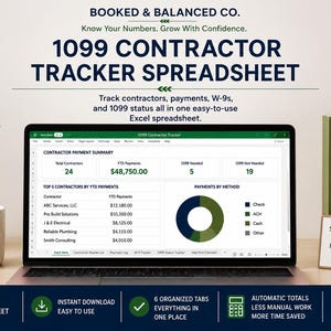 May include: A laptop screen displaying a 1099 Contractor Tracker spreadsheet with data tables for contractor payments, YTD totals, and payment methods. The text reads Booked & Balanced Co. 1099 Contractor Tracker Spreadsheet and includes icons for Excel, download, and calculator.