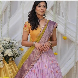 Beautiful Lavender & Yellow Neutral Pattu Lehenga | Festive Wear | Handwork Blouse | Organza Dupatta with Zarkhan Lace XXL Size 44