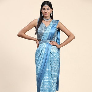 Blue Color Ready to wear Saree in Satin Silk with Printed Sequence Ready Blouse Easy to wear prepleated saree for Party/Wedding/Special