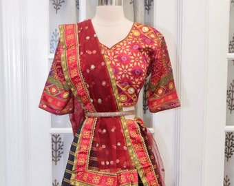 Navratri Chaniya Choli butter silk material fully stitched full gheera in brick red and black color size 38 and 42 ready to ship