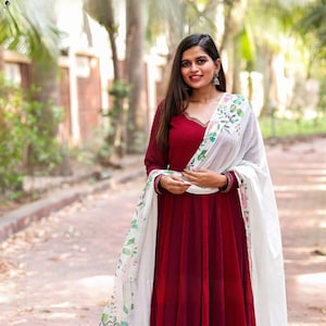 Georgette Flowy Anarkali gown with matching Dupatta in red wine color for Partywear