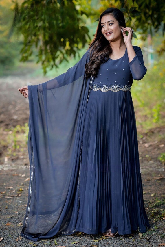 Navy Blue Color Gown with Red Dupatta :: ANOKHI FASHION