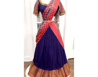 Dark Purple Narayanpet cotton half saree with Maggam work blouse stitched set and elegant dupatta